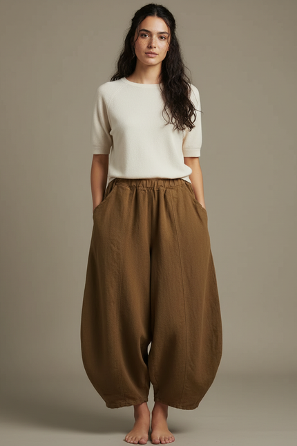 Pantalon Japonais Ample Lin Coton Marron Fluide