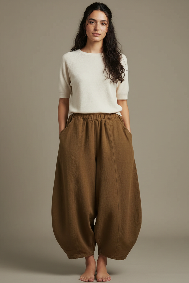 Pantalon Japonais Ample Lin Coton Marron Fluide