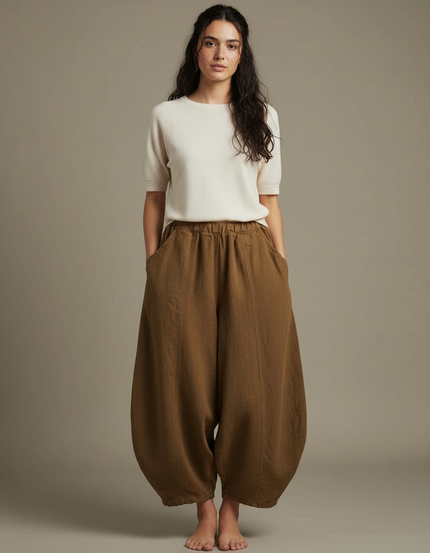 Pantalon Japonais Ample Lin Coton Marron Fluide