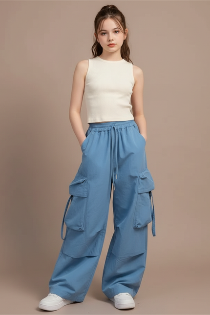 Pantalon Japonais Bleu Cargo Ample Décontracté Fille - Toile
