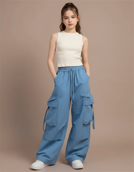 Pantalon Japonais Bleu Cargo Ample Décontracté Fille - Toile