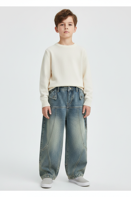 Pantalon Japonais Denim Bleu Ample Garçon Vintage - Jean