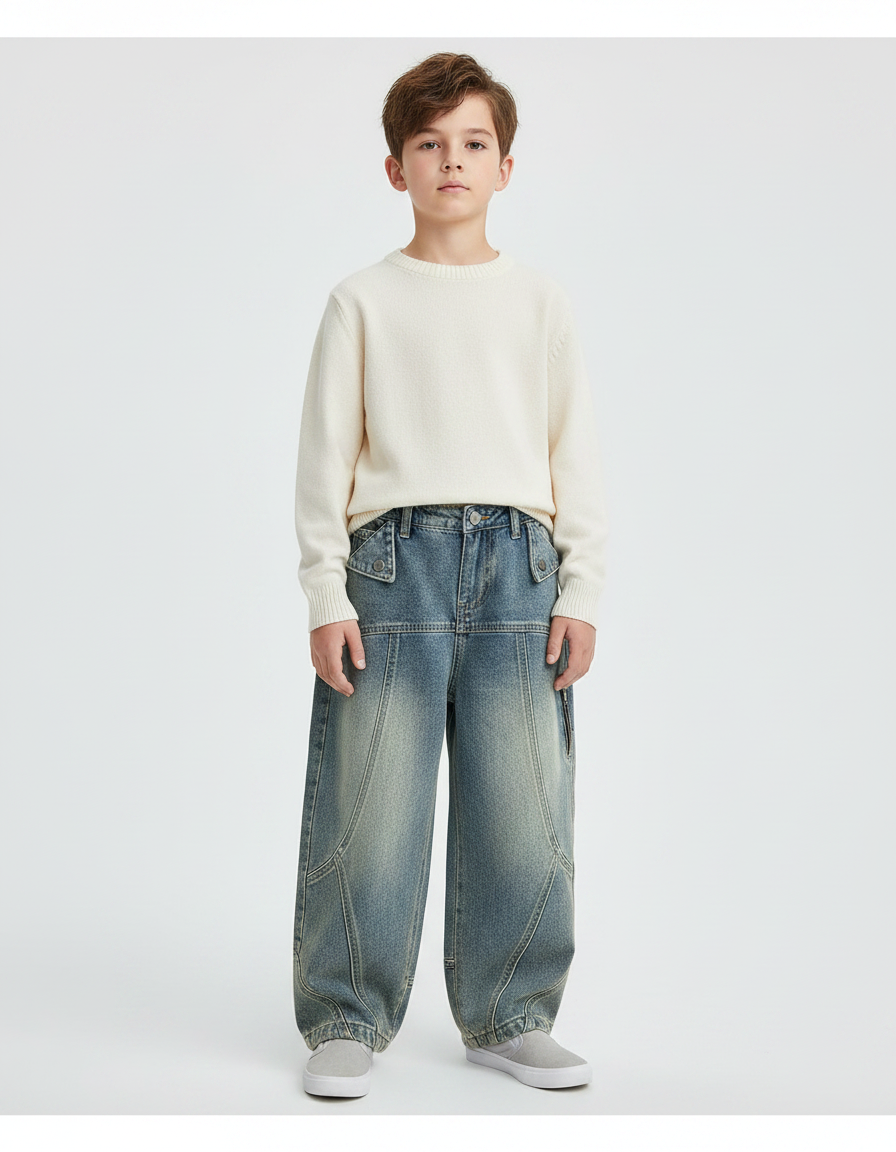 Pantalon Japonais Denim Bleu Ample Garçon Vintage - Jean