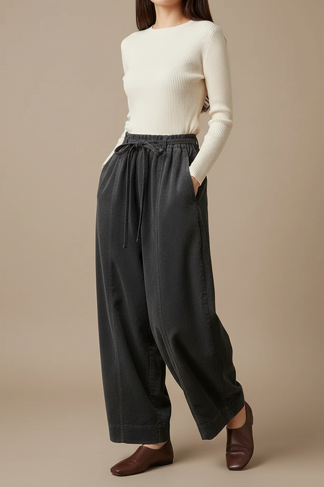 Pantalon Japonais Large Côtelé Gris Ample Décontracté - Cordé