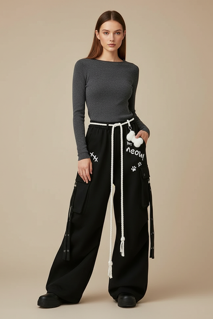 Pantalon Japonais Noir Ample Cargo Cordon Streetwear - Molleton