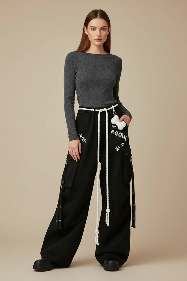 Pantalon Japonais Noir Ample Cargo Cordon Streetwear - Molleton