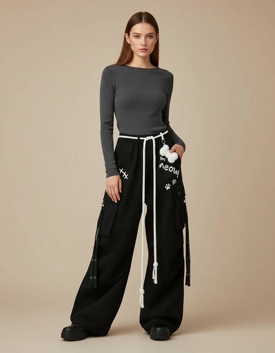 Pantalon Japonais Noir Ample Cargo Cordon Streetwear - Molleton