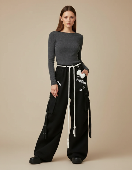 Pantalon Japonais Noir Ample Cargo Cordon Streetwear - Molleton