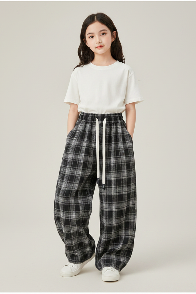 Pantalon Japonais Carreaux Ample Décontracté Cordon Noir - Laine