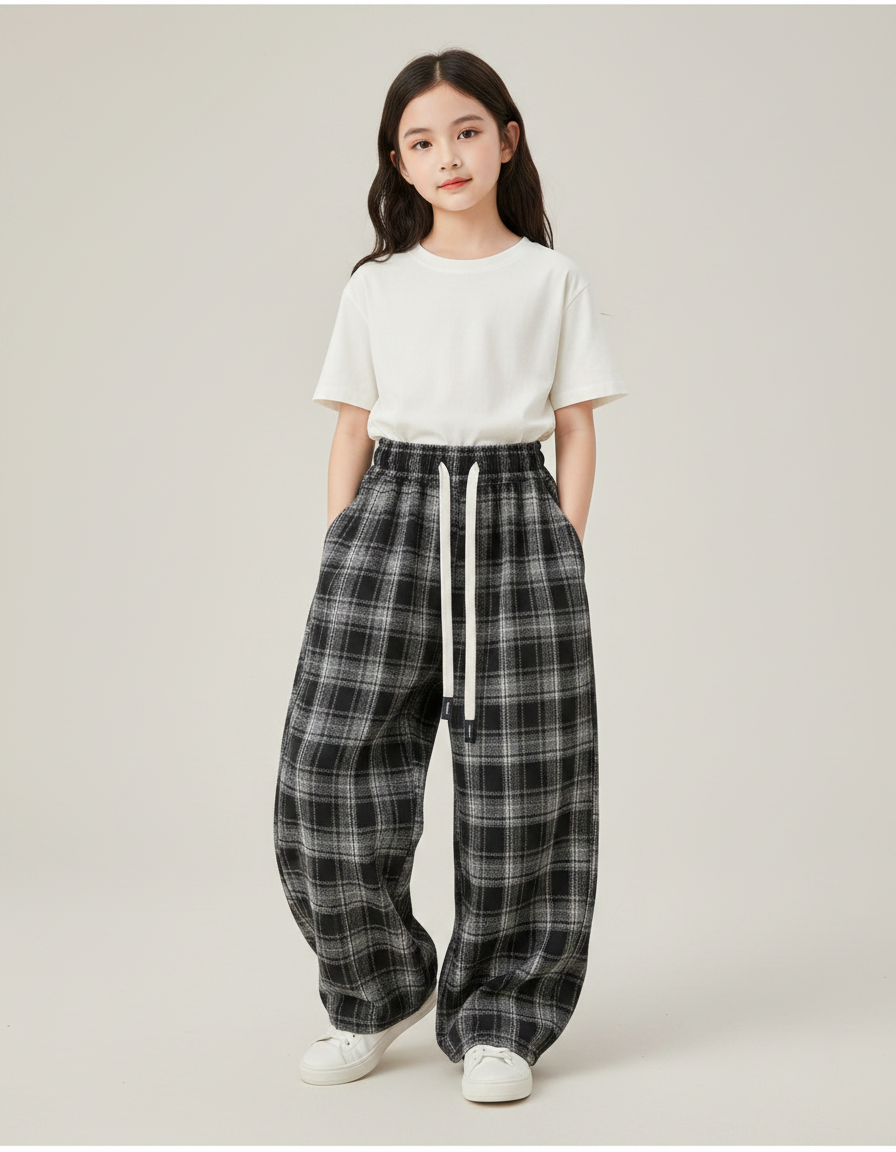 Pantalon Japonais Carreaux Ample Décontracté Cordon Noir - Laine