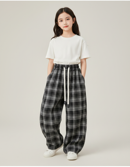 Pantalon Japonais Carreaux Ample Décontracté Cordon Noir - Laine
