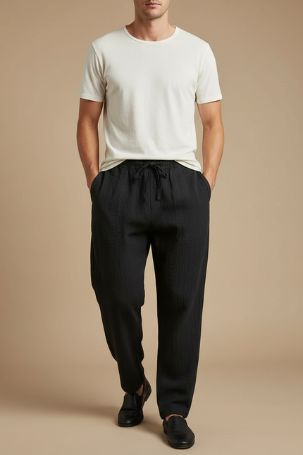 Pantalon Japonais Noir Lin Ample Décontracté Homme