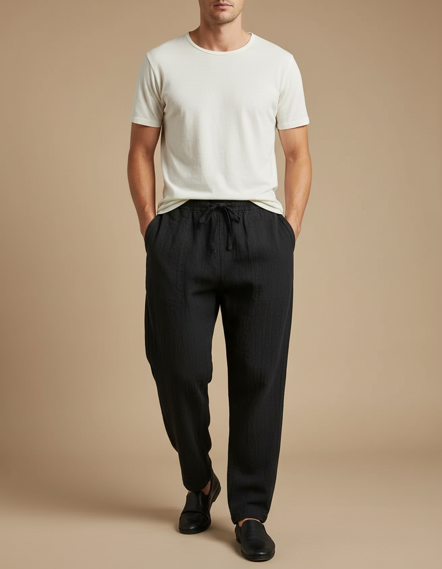 Pantalon Japonais Noir Lin Ample Décontracté Homme