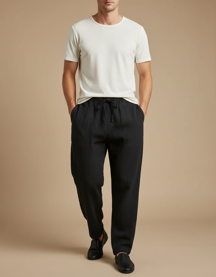Pantalon Japonais Noir Lin Ample Décontracté Homme