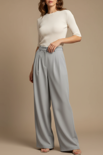Pantalon Japonais Fluide Ample Gris Clair Plissé Femme - Viscose