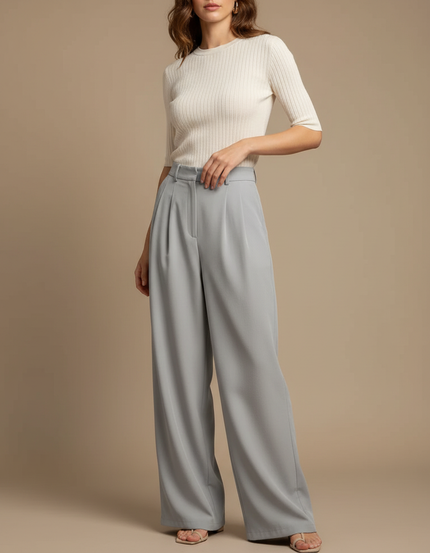 Pantalon Japonais Fluide Ample Gris Clair Plissé Femme - Viscose