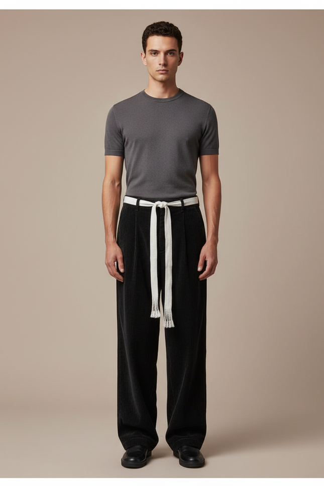 Pantalon Japonais Velours Côtelé Noir Large Cordon Décontracté - Cordé