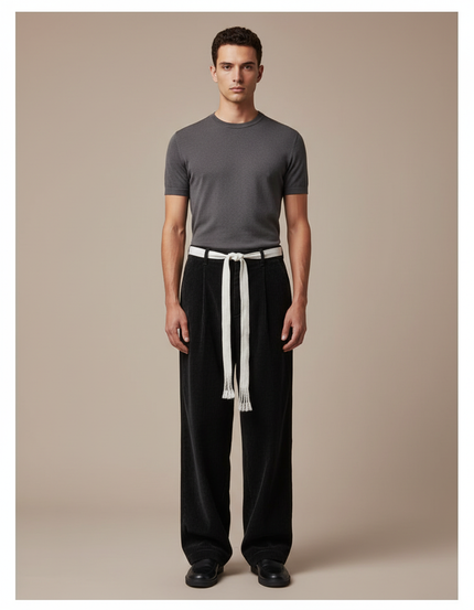 Pantalon Japonais Velours Côtelé Noir Large Cordon Décontracté - Cordé