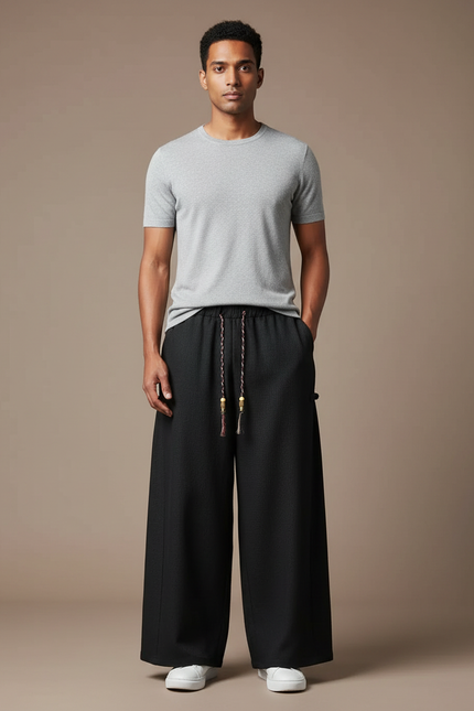 Pantalon Japonais Noir Ample Fluide Homme Élégant - Laine