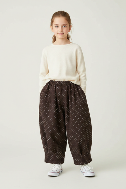Pantalon Japonais Marron Ample Côtelé Points Fille - Cordé