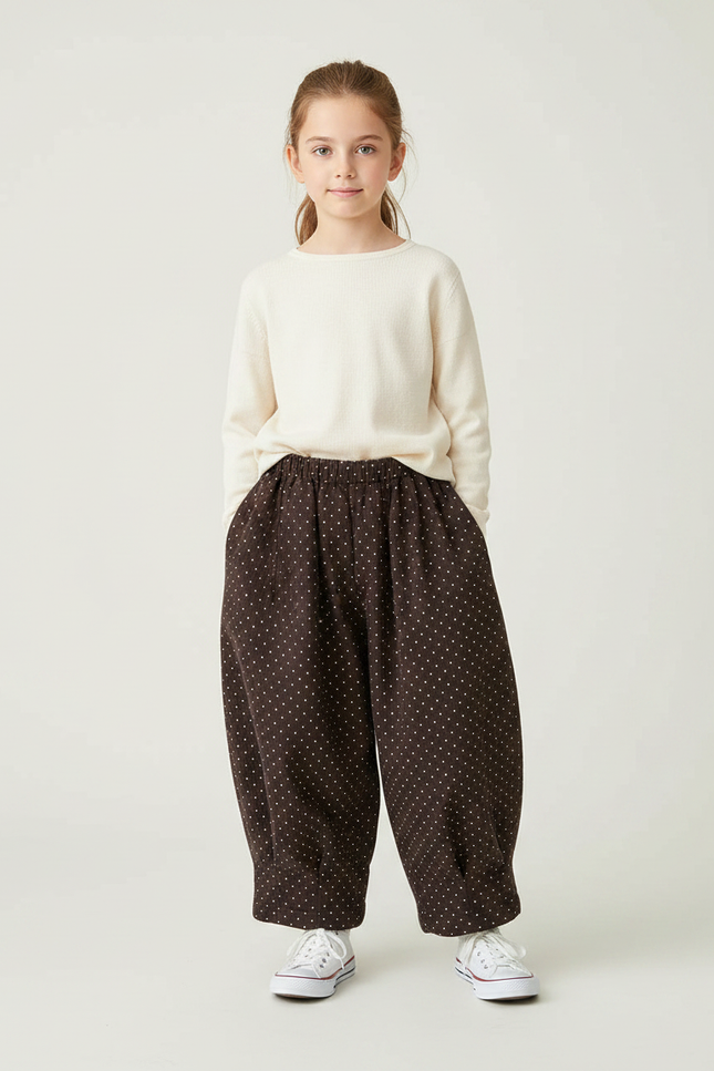 Pantalon Japonais Marron Ample Côtelé Points Fille - Cordé