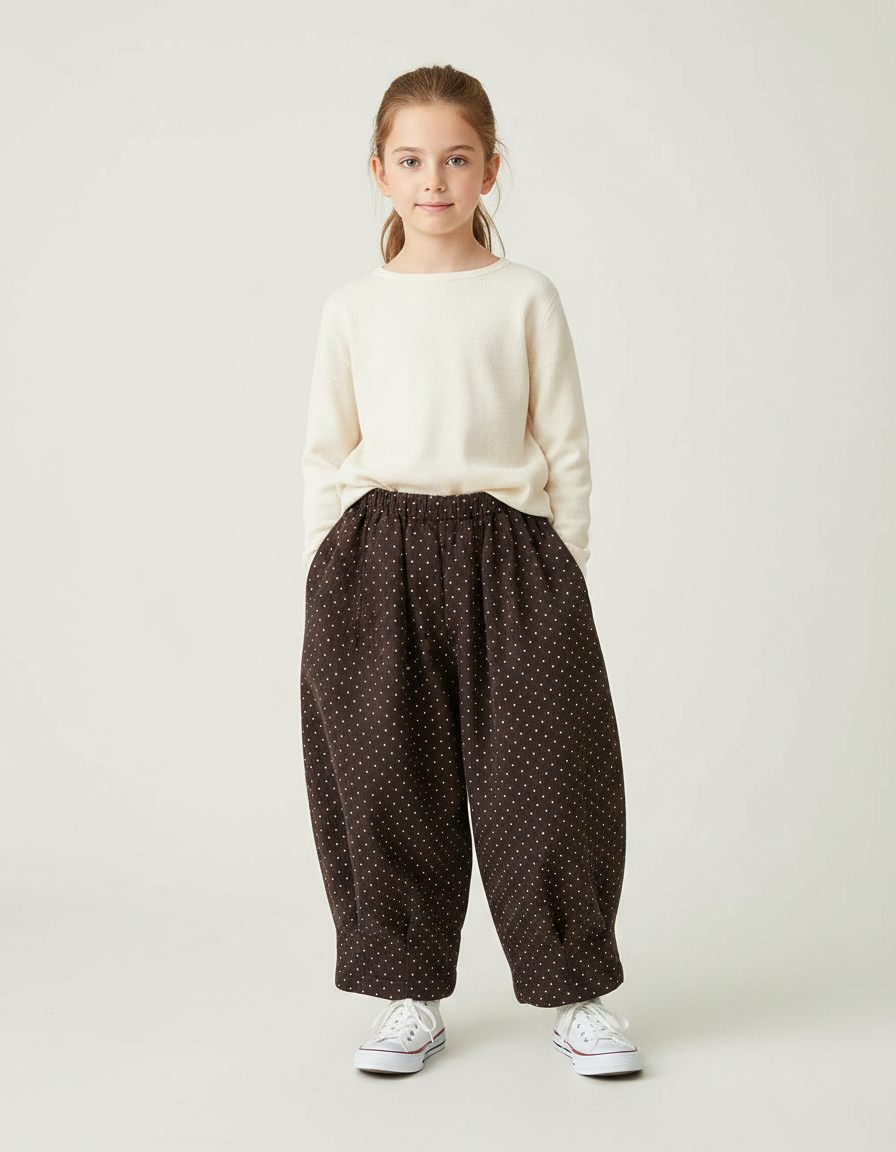 Pantalon Japonais Marron Ample Côtelé Points Fille - Cordé
