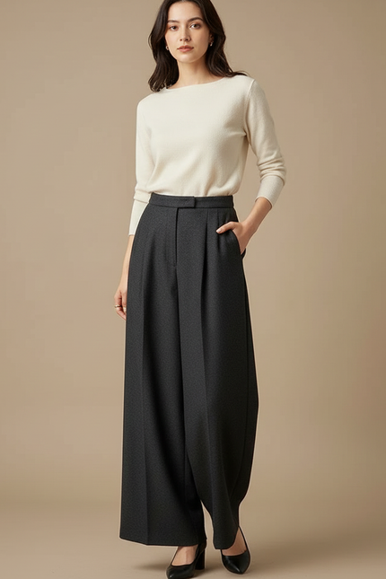Pantalon Japonais Gris Anthracite Ample Taille Haute Femme - Laine