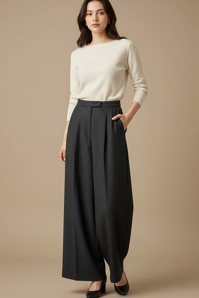 Pantalon Japonais Gris Anthracite Ample Taille Haute Femme - Laine
