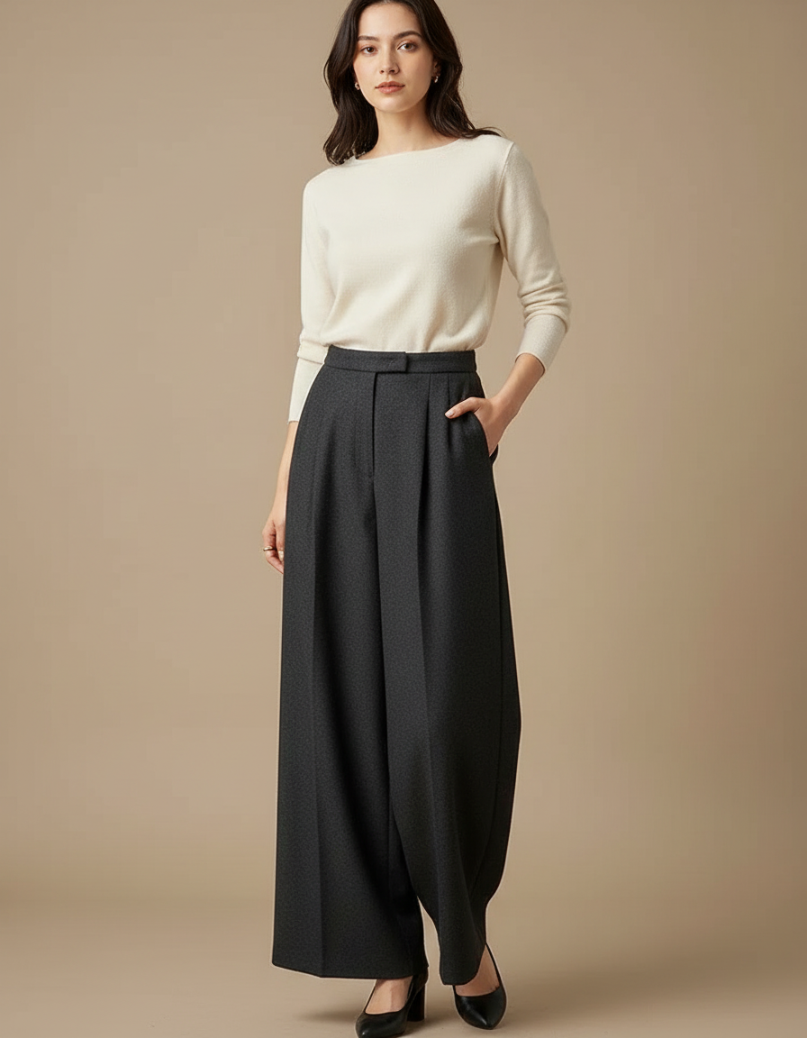 Pantalon Japonais Gris Anthracite Ample Taille Haute Femme - Laine