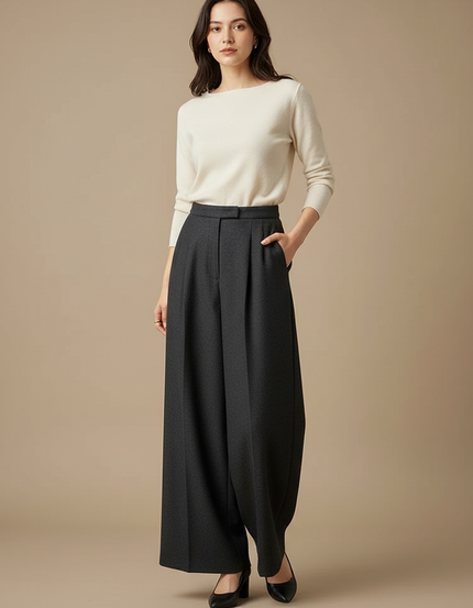 Pantalon Japonais Gris Anthracite Ample Taille Haute Femme - Laine