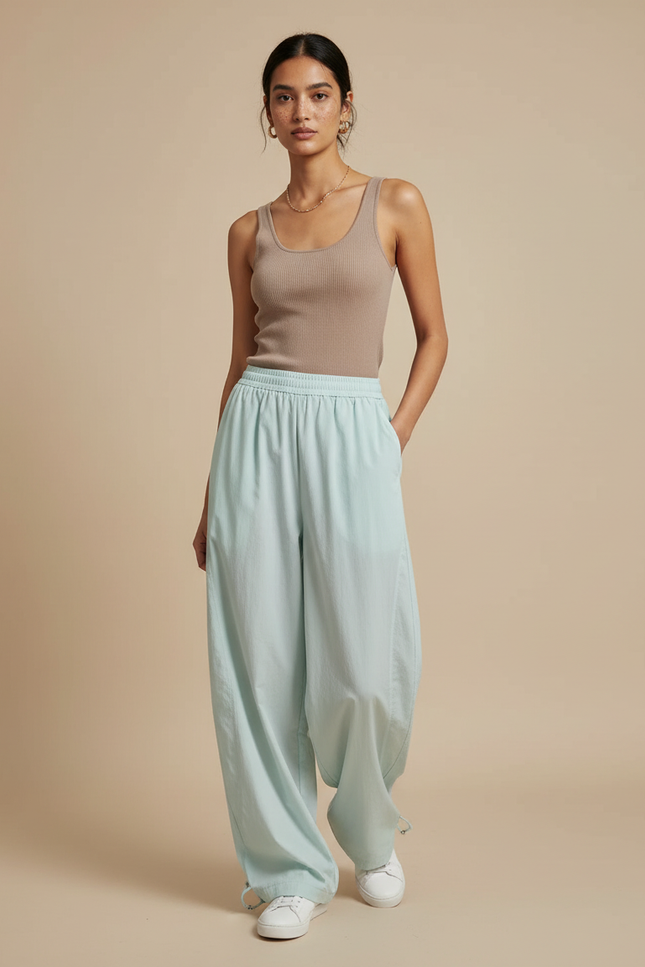 Pantalon Japonais Vert Ample Fluide Décontracté Coton
