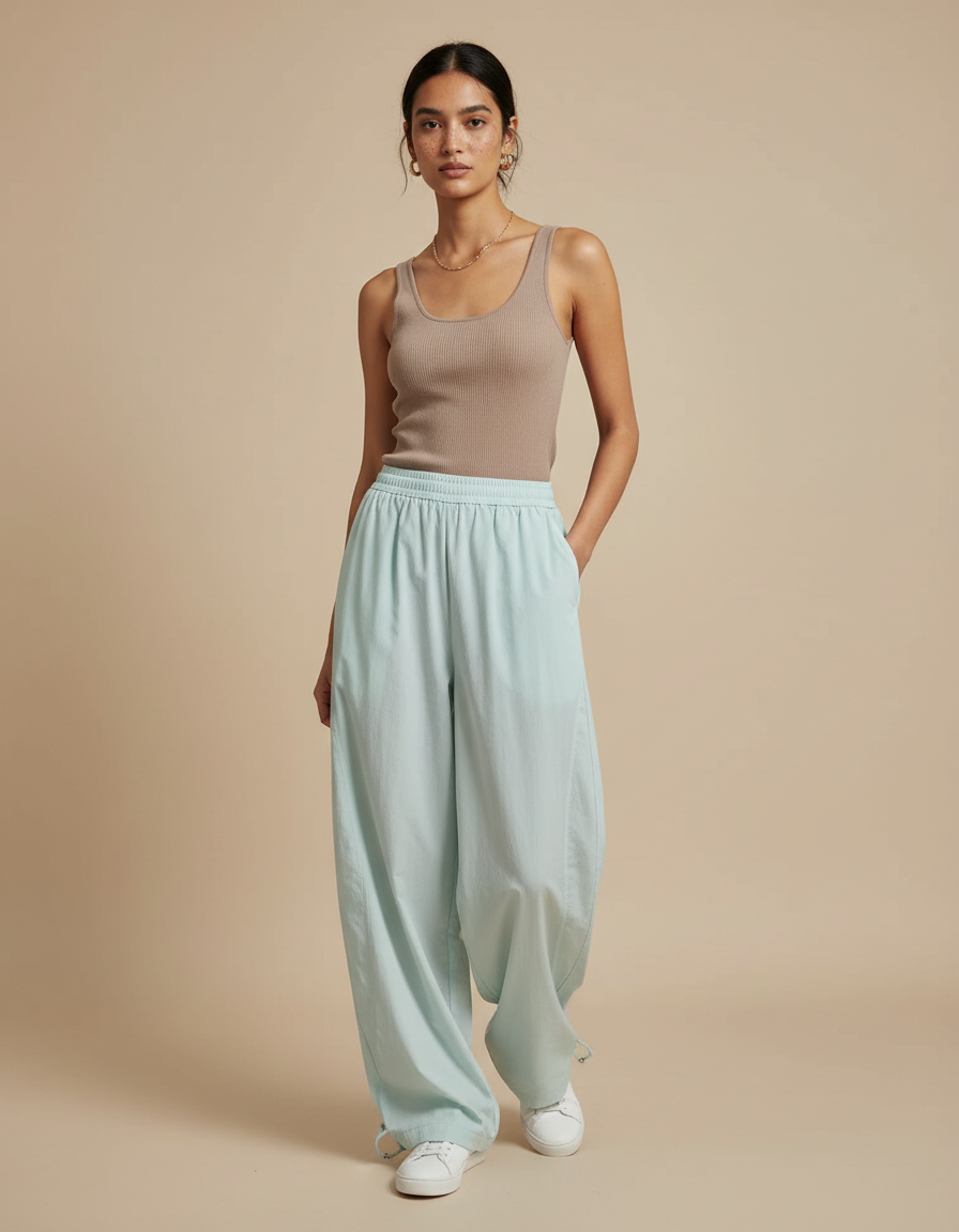 Pantalon Japonais Vert Ample Fluide Décontracté Coton