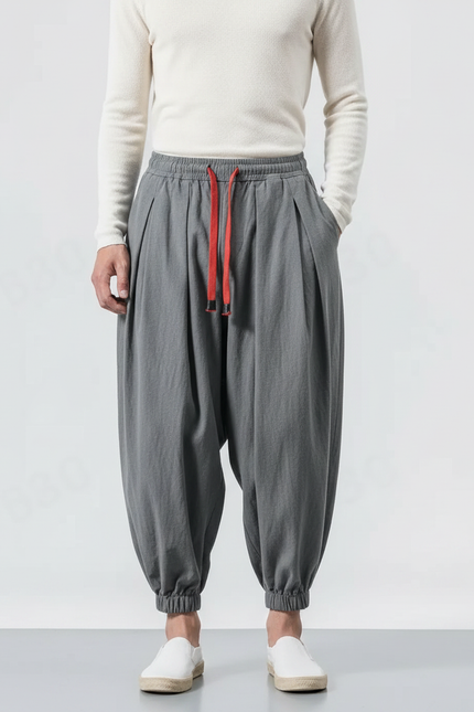 Pantalon Japonais Harem Coton Lin Gris Cordon Homme