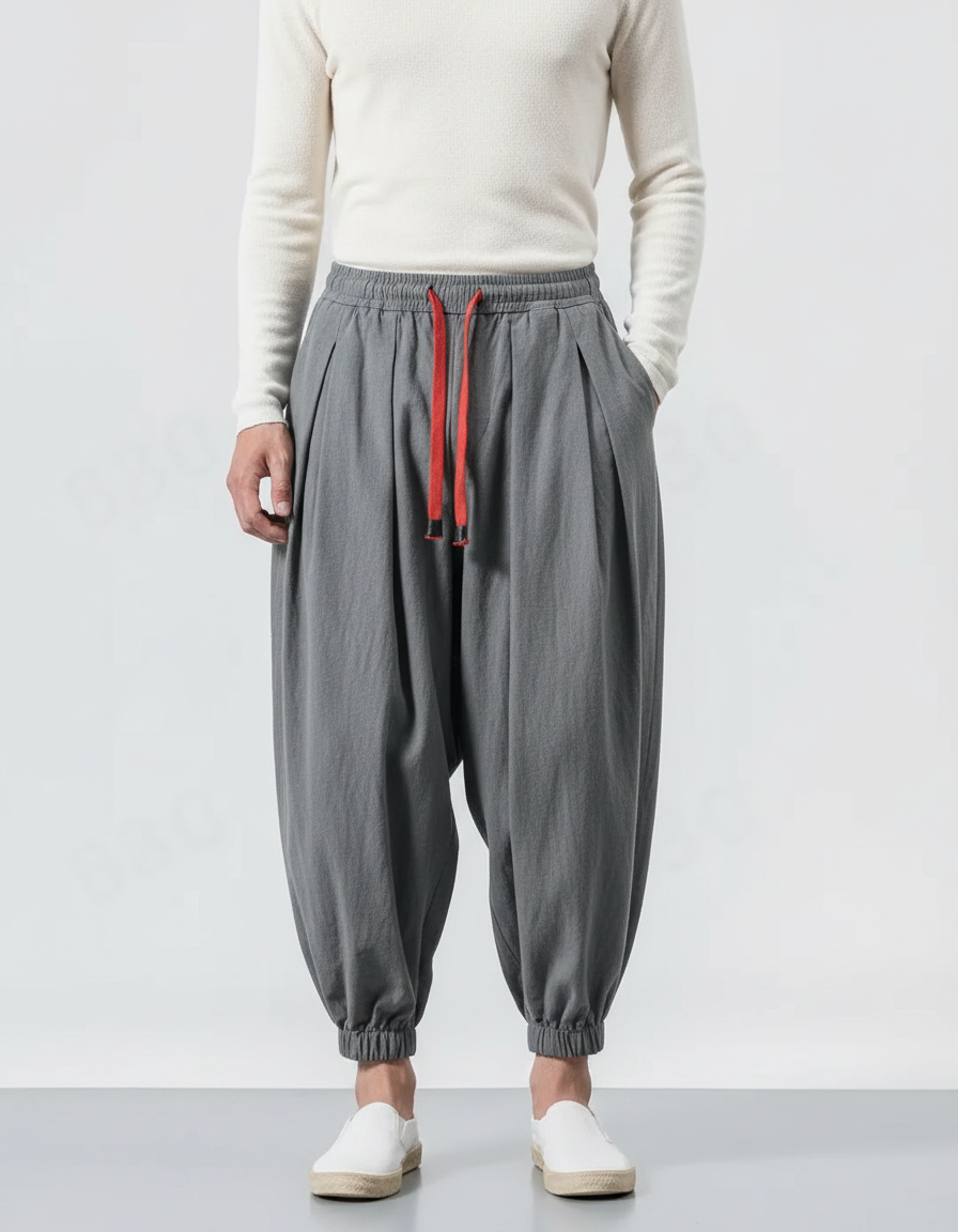 Pantalon Japonais Harem Coton Lin Gris Cordon Homme