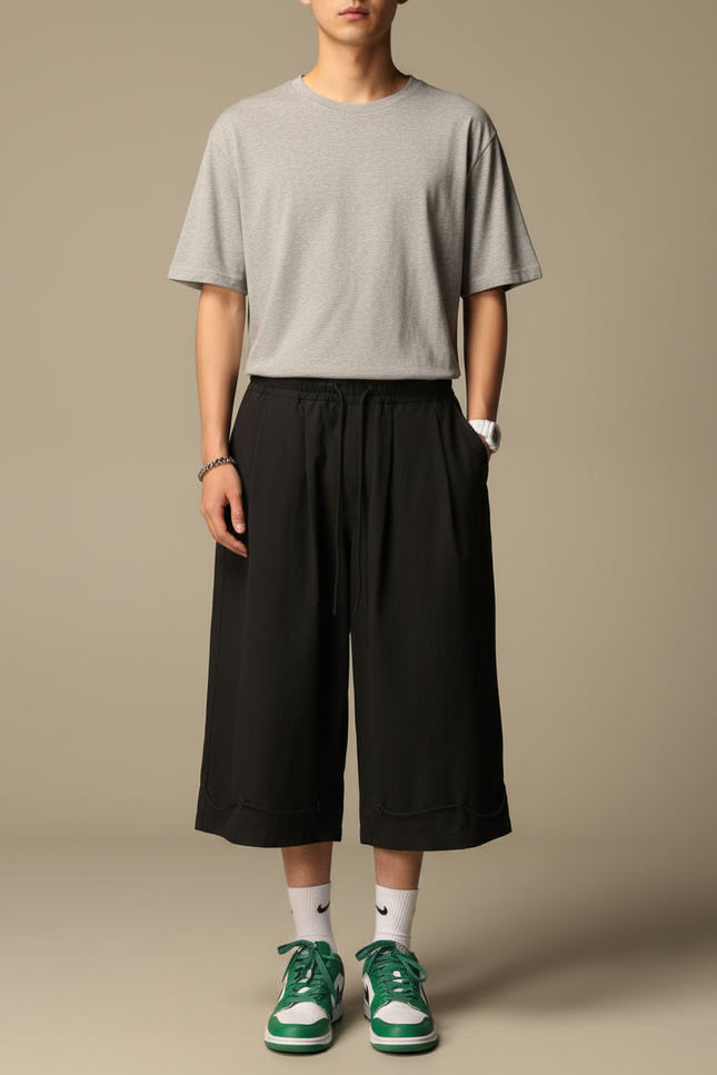 Pantalon Japonais Noir Ample Court Coton Cordon