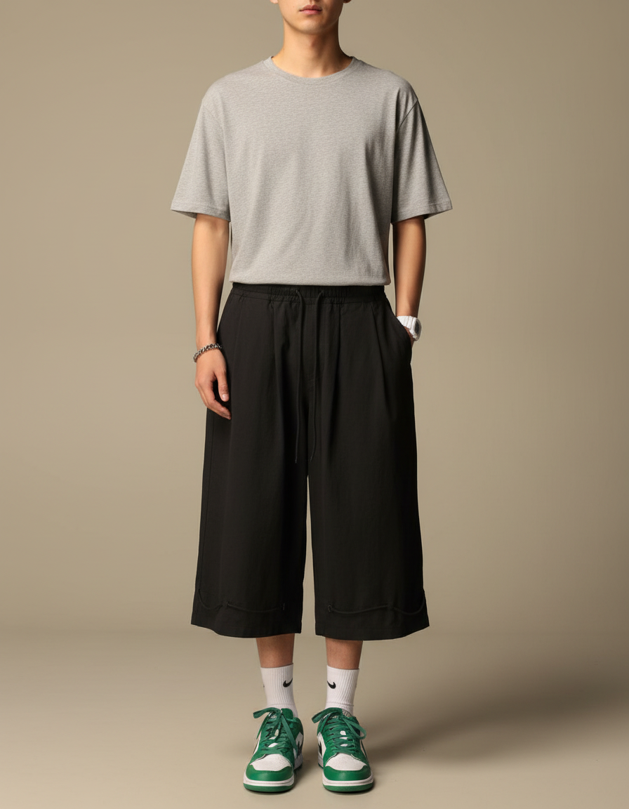 Pantalon Japonais Noir Ample Court Coton Cordon