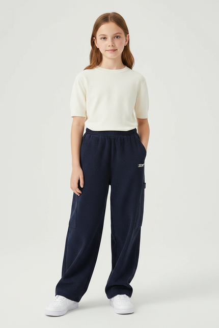 Pantalon Japonais Bleu Marine Côtelé Ample Décontracté Enfant - Cordé
