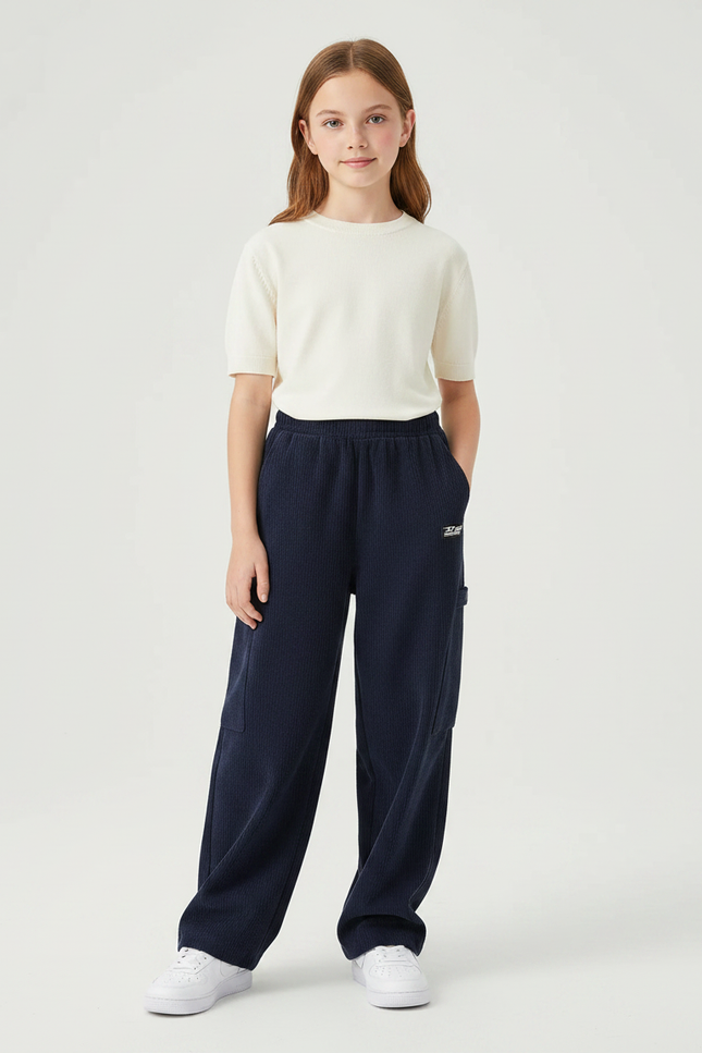 Pantalon Japonais Bleu Marine Côtelé Ample Décontracté Enfant - Cordé