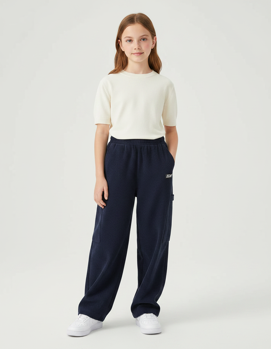 Pantalon Japonais Bleu Marine Côtelé Ample Décontracté Enfant - Cordé