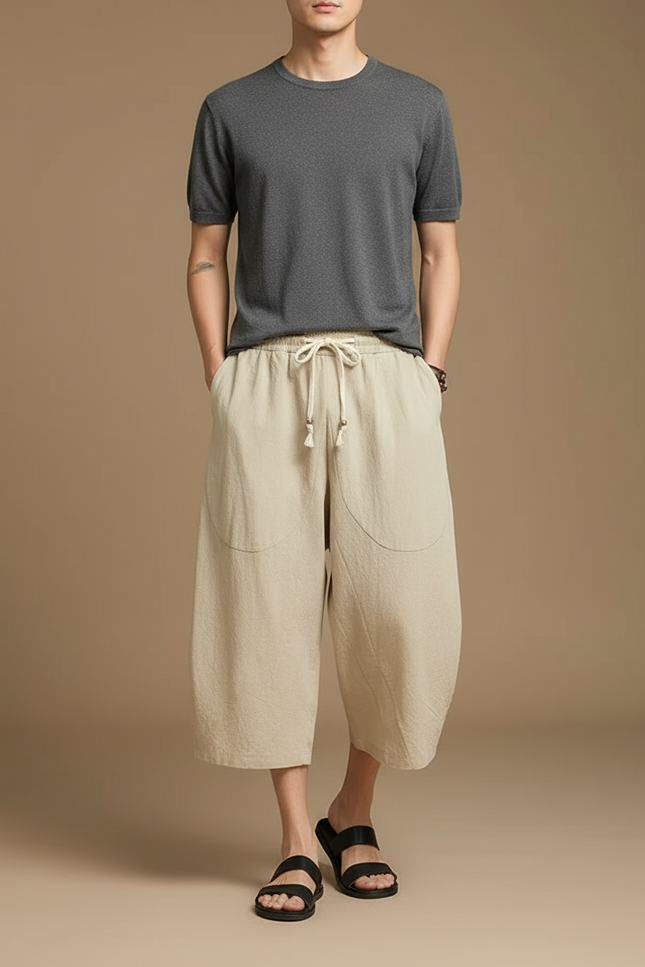 Pantalon Japonais Beige Coton Ample Court Cordon - Lin
