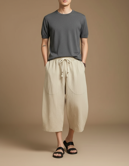 Pantalon Japonais Beige Coton Ample Court Cordon - Lin