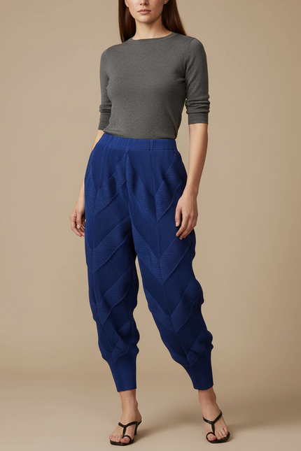 Pantalon Japonais Plissé Bleu Texturé Élastique Femme - Polyester