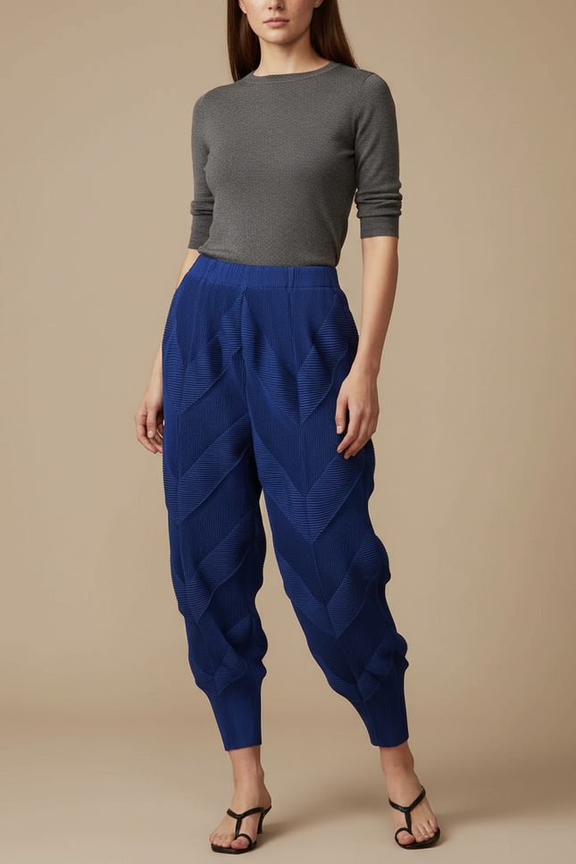 Pantalon Japonais Plissé Bleu Texturé Élastique Femme - Polyester