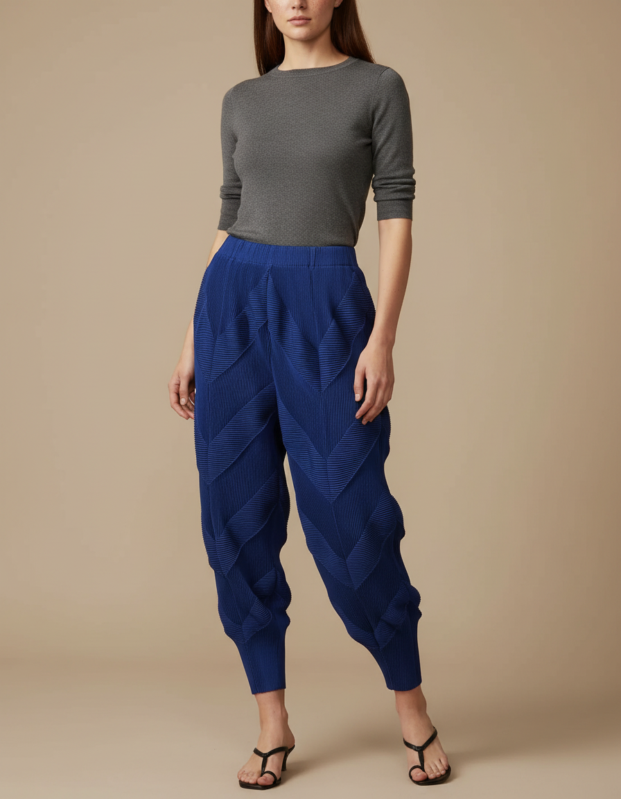 Pantalon Japonais Plissé Bleu Texturé Élastique Femme - Polyester