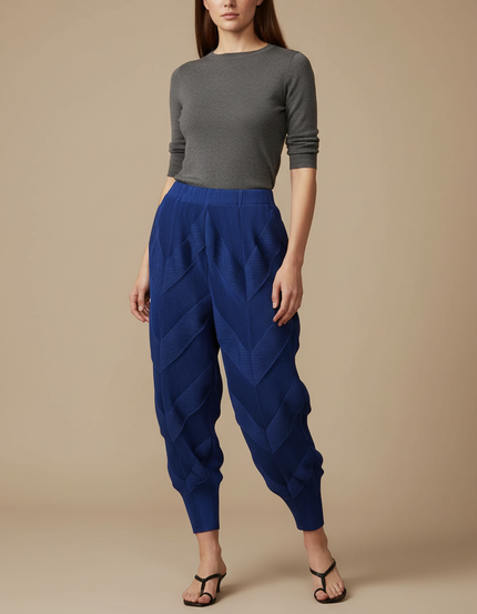 Pantalon Japonais Plissé Bleu Texturé Élastique Femme - Polyester