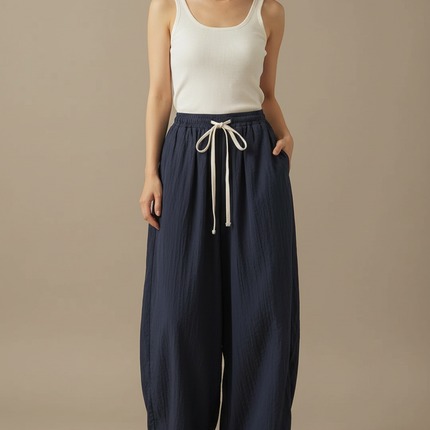Pantalon Japonais Large Fluide Cordon Marine Femme - Lin