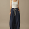 Pantalon Japonais Large Fluide Cordon Marine Femme - Lin