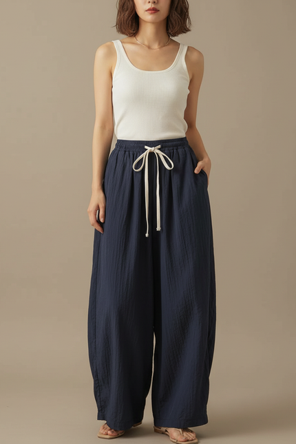 Pantalon Japonais Large Fluide Cordon Marine Femme - Lin