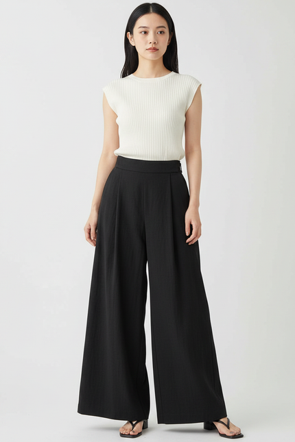 Pantalon Japonais Noir Fluide Ample Taille Haute - Viscose