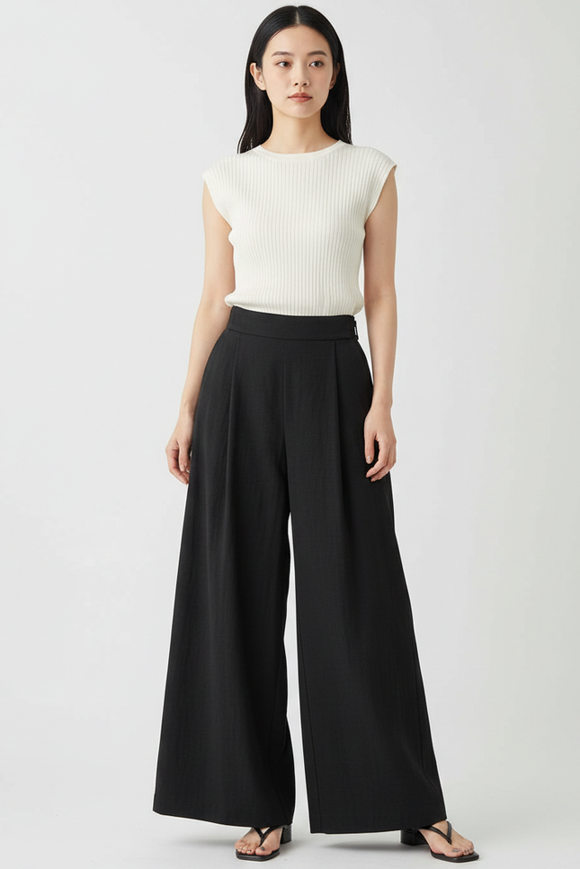 Pantalon Japonais Noir Fluide Ample Taille Haute - Viscose